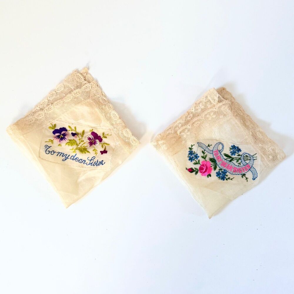 Vintage Embroidered Sister Handkerchiefs Pair Floral Lace To My Dear Sister